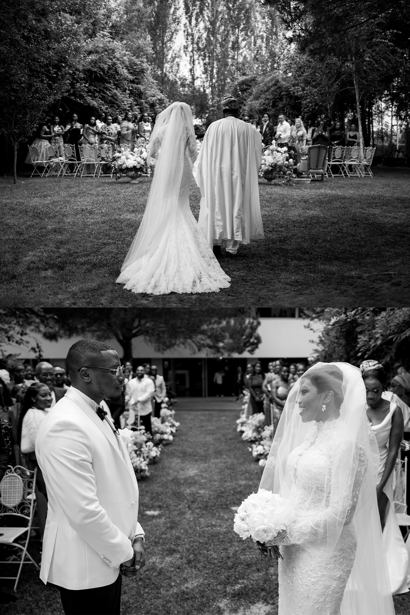 Bride and groom hold hands facing each other during an outdoor wedding with guests seated in the background and floral arrangements nearby.