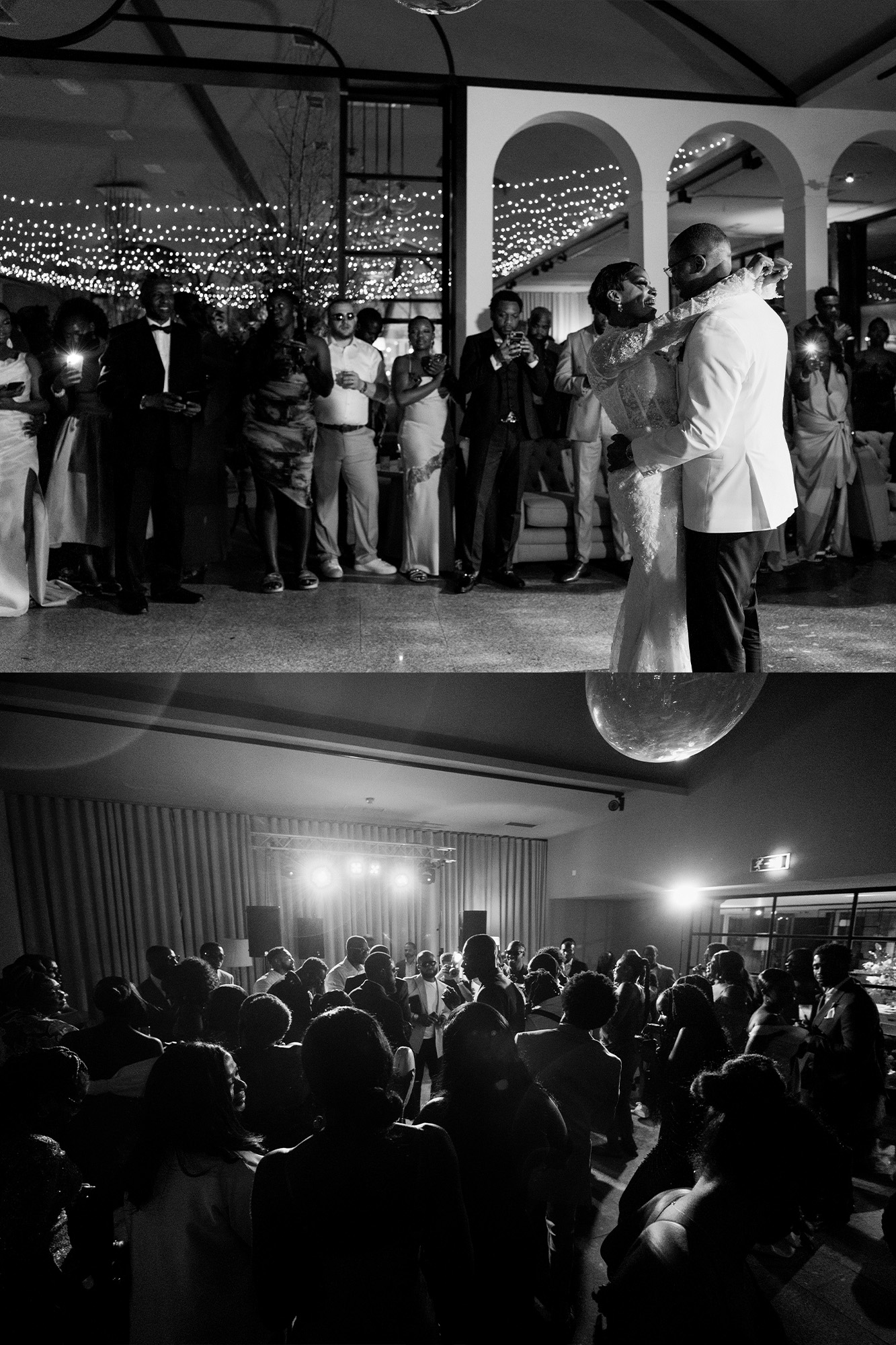 Black-and-white collage of a bride and groom dancing while guests watch under string lights.