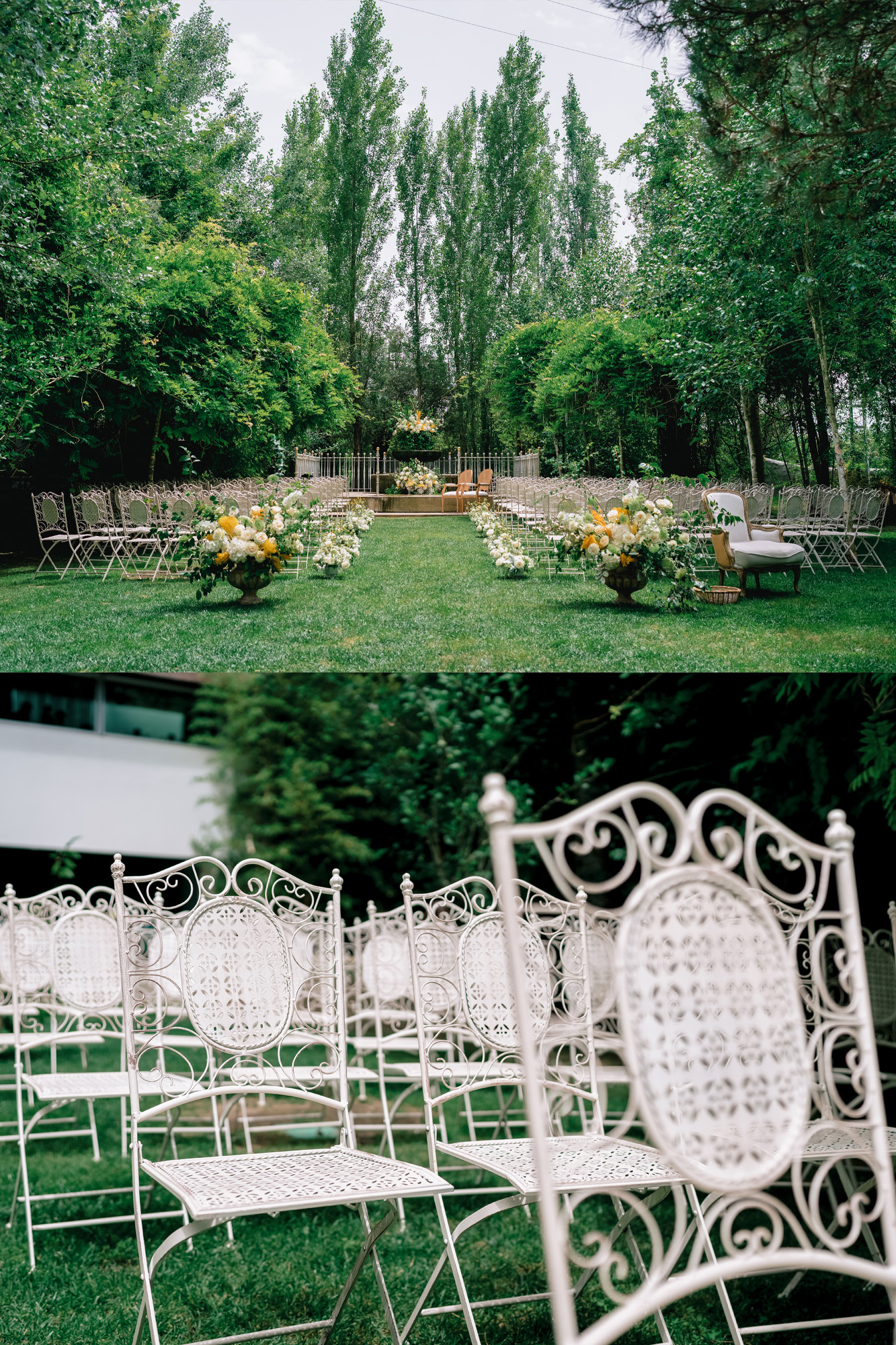 Outdoor wedding ceremony setup with white ornate chairs lining a grassy aisle and floral arrangements at the ends of the rows, surrounded by trees and greenery.