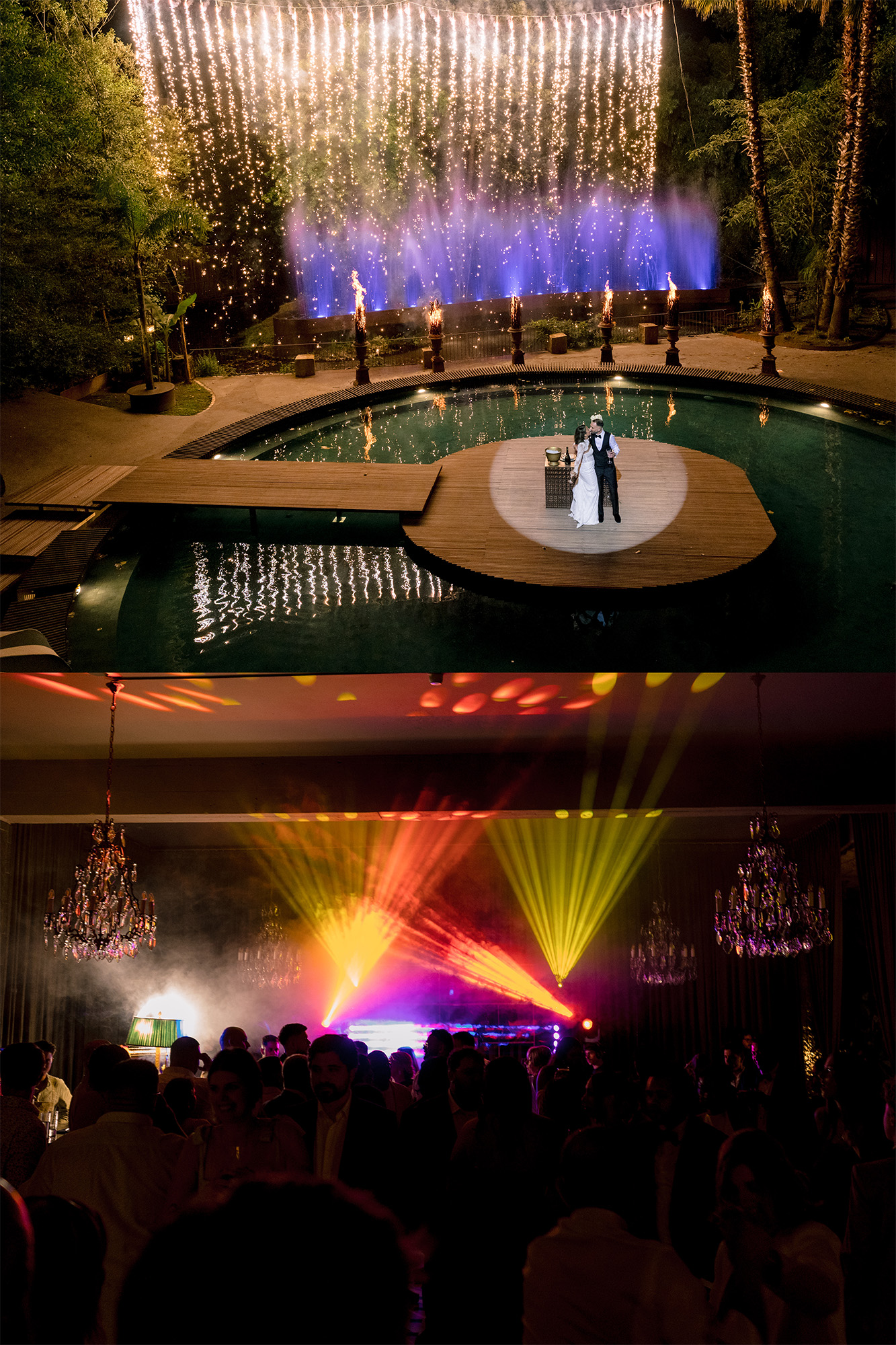 A bride and groom in formal wear on a circular wooden stage by a pool, fireworks and string lights above them at a nighttime outdoor wedding.