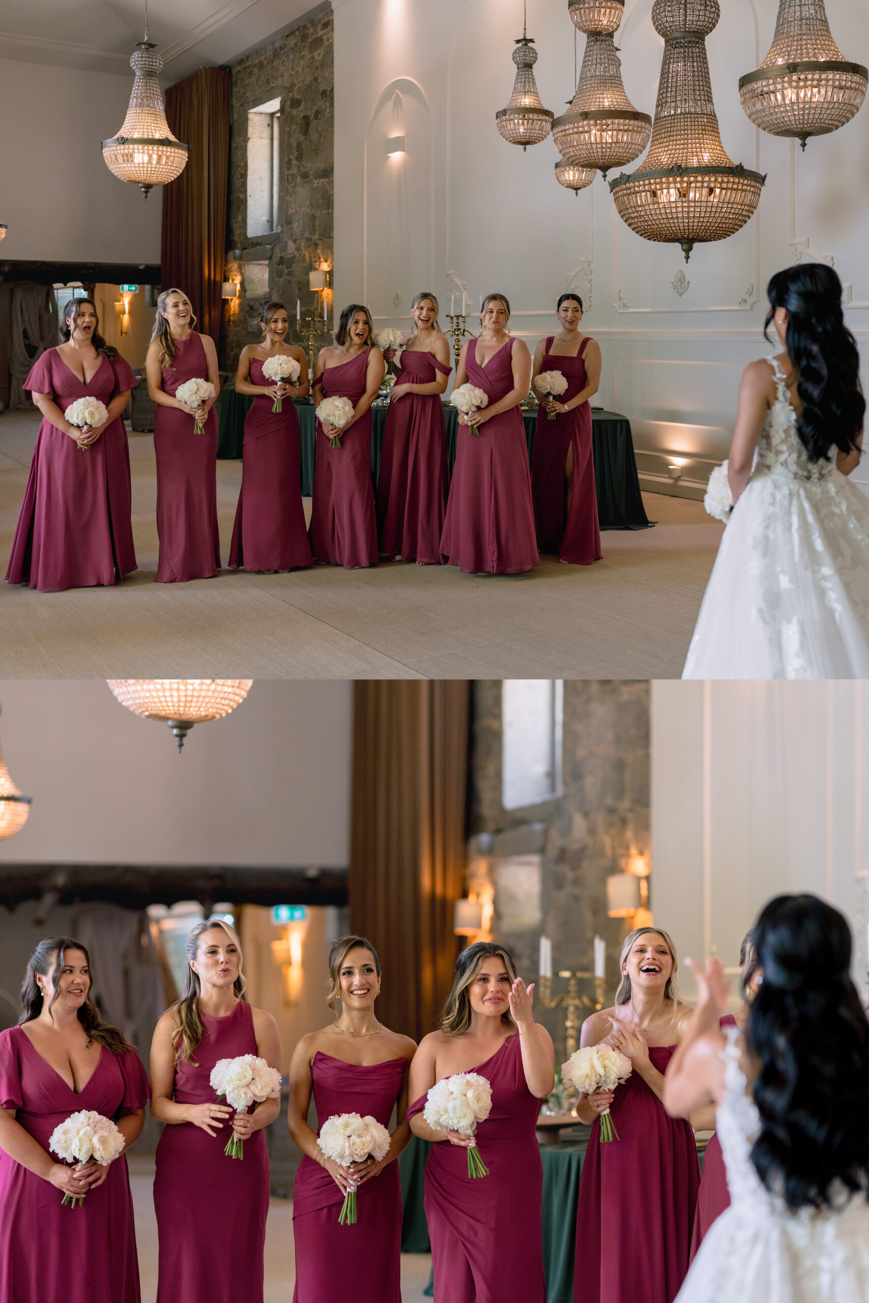 Two views of the bridesmaids in deep berry dresses, lined up holding white bouquets in a chandelier-lit room
