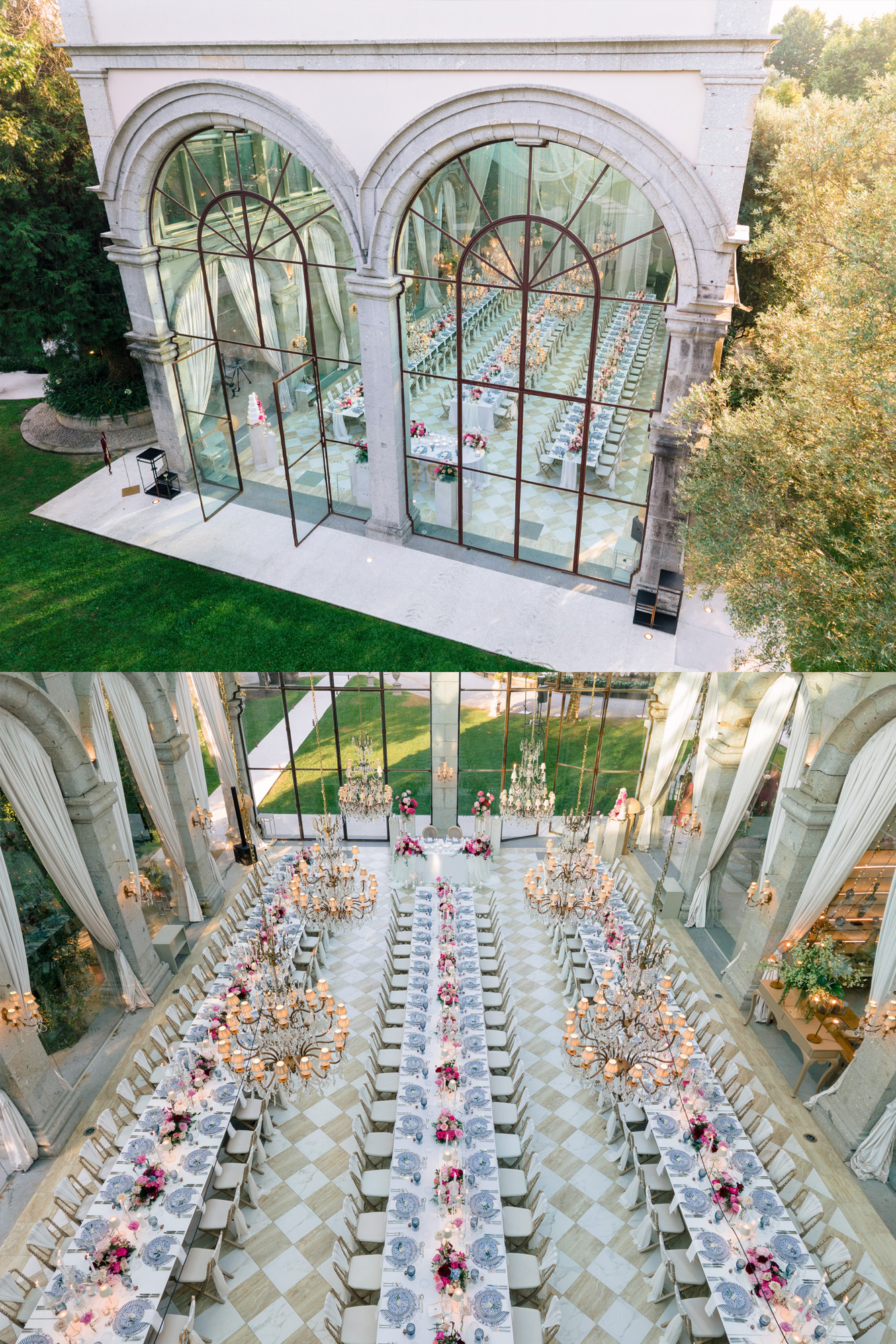 Two views of the glass conservatory: the arched windows from the garden and the long flower-lined table inside