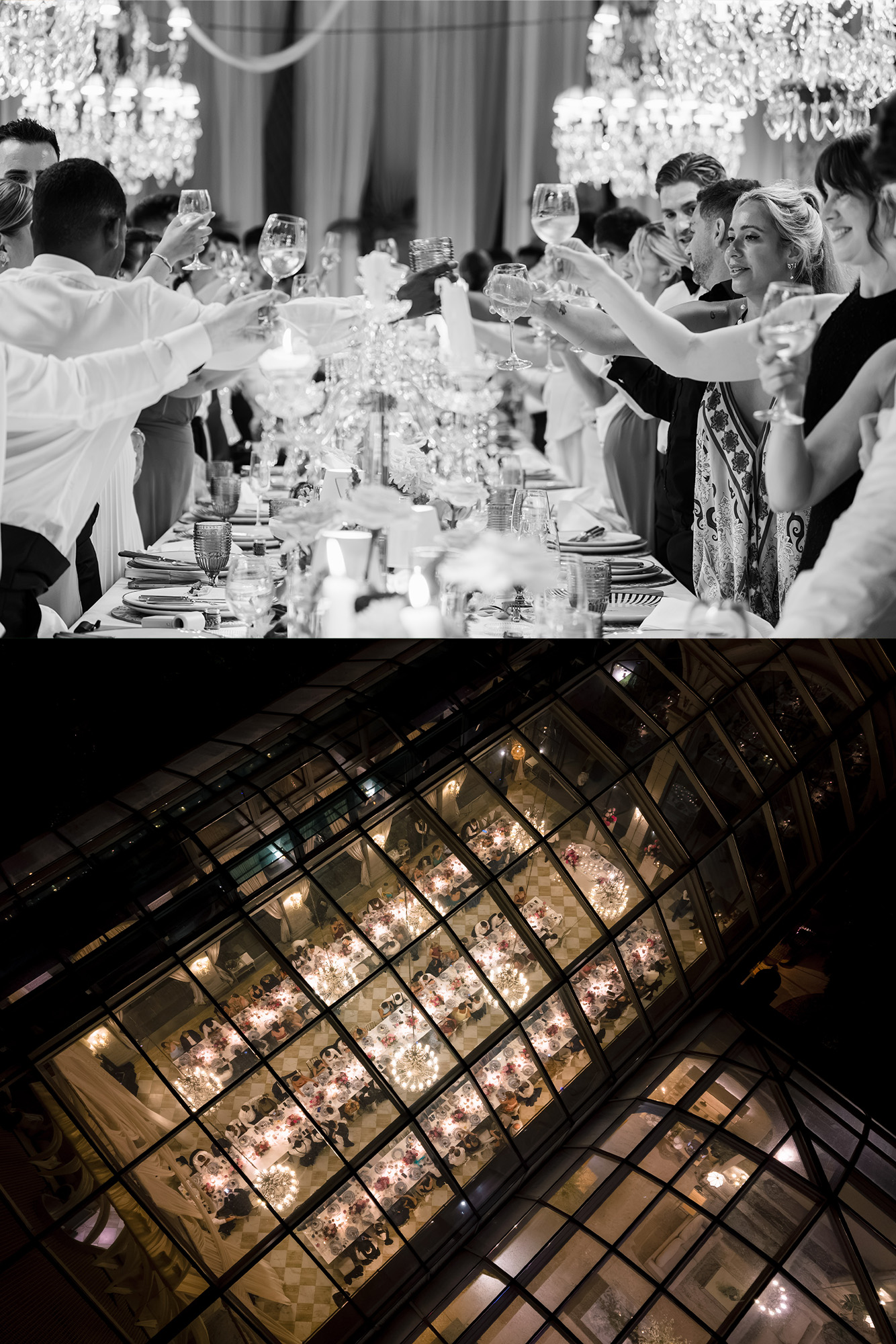 Guests raising napkins at the dinner tables, above a night view of the glass-roofed hall lit from within