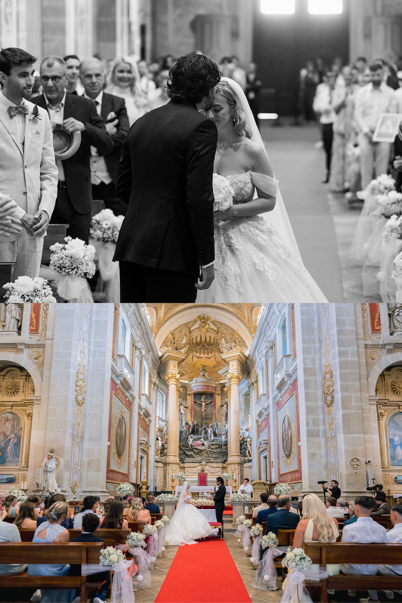 Two black-and-white views of the church aisle and the couple at the altar