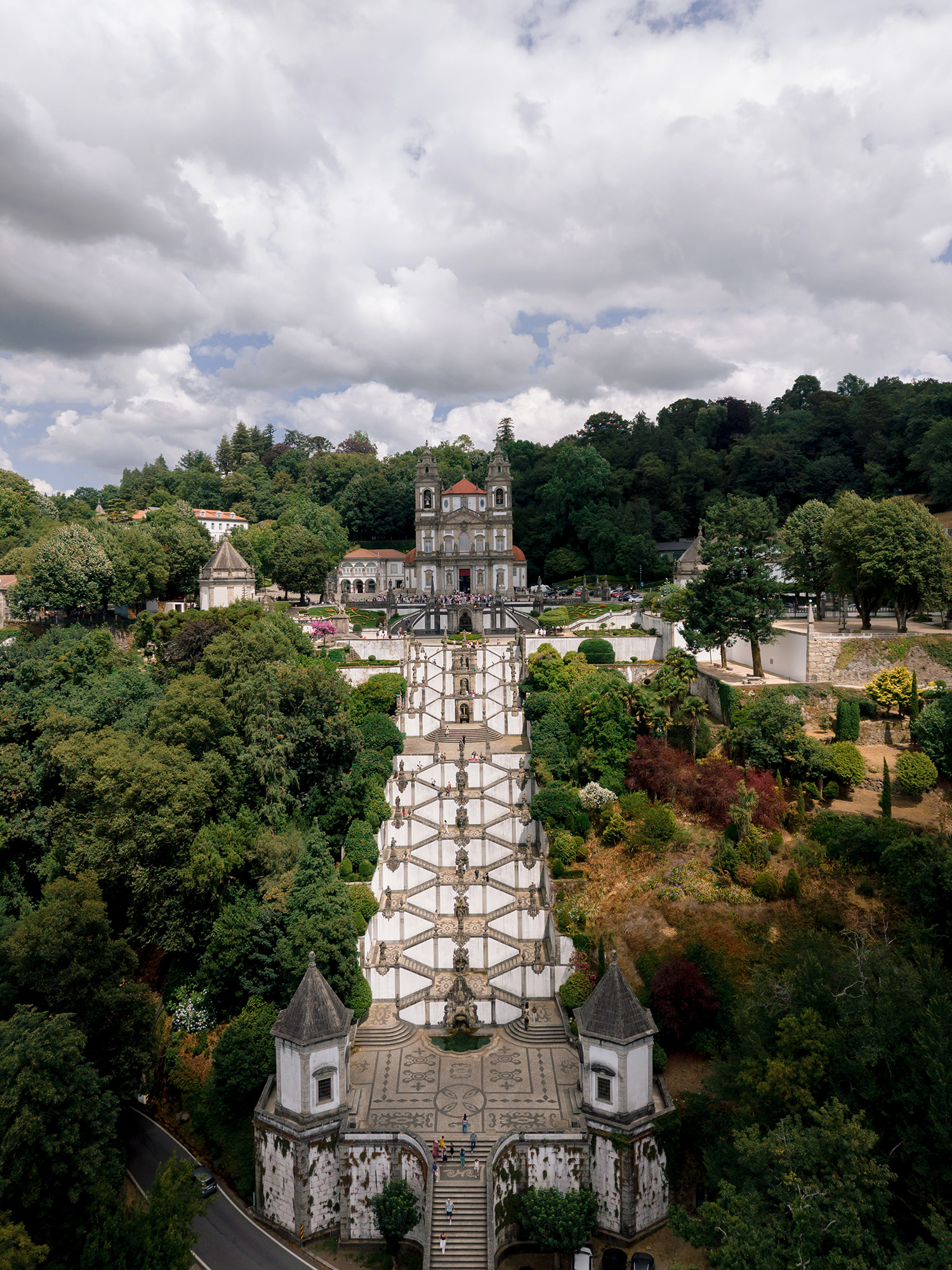 Aerial view of the stairway and sanctuary of Bom Jesus do Monte, Braga, surrounded by woodland