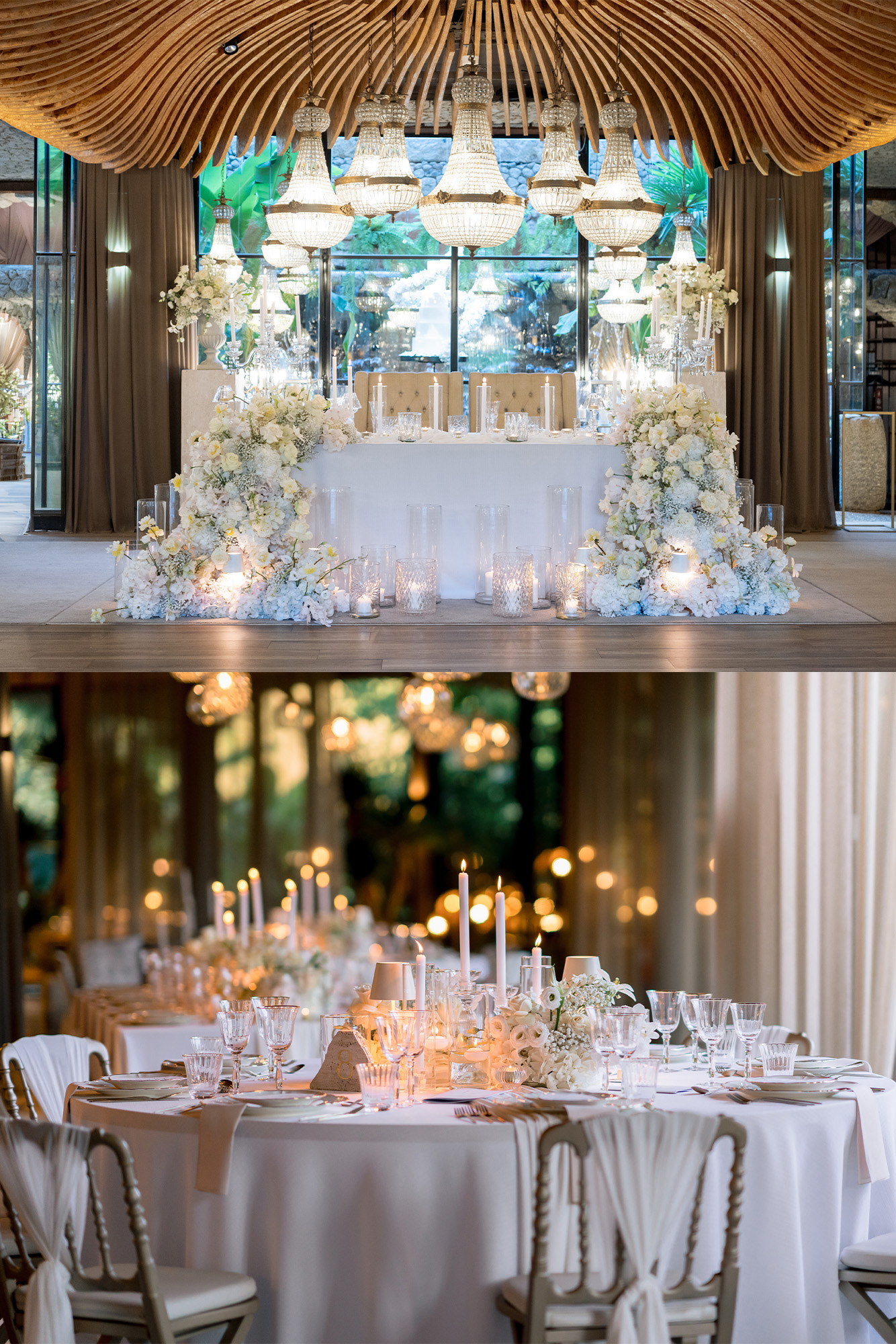 Two views of the reception hall at Quinta Lago dos Cisnes: a decorated table and round tables beneath hanging lamps