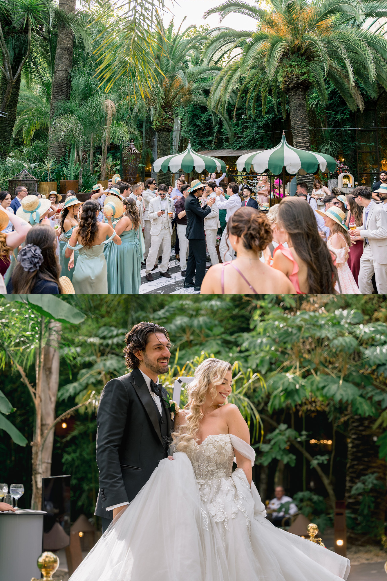 Two views: guests gathered under parasols on the deck, and the couple walking together in the garden