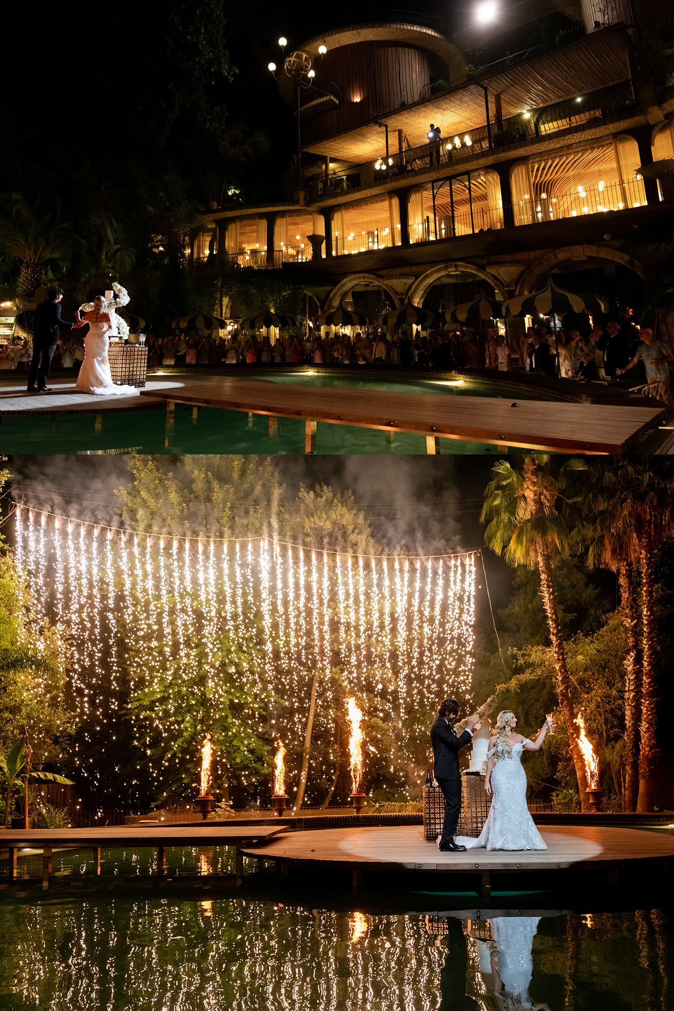 Night view of the couple on a platform over the lake, a curtain of cold sparks behind them
