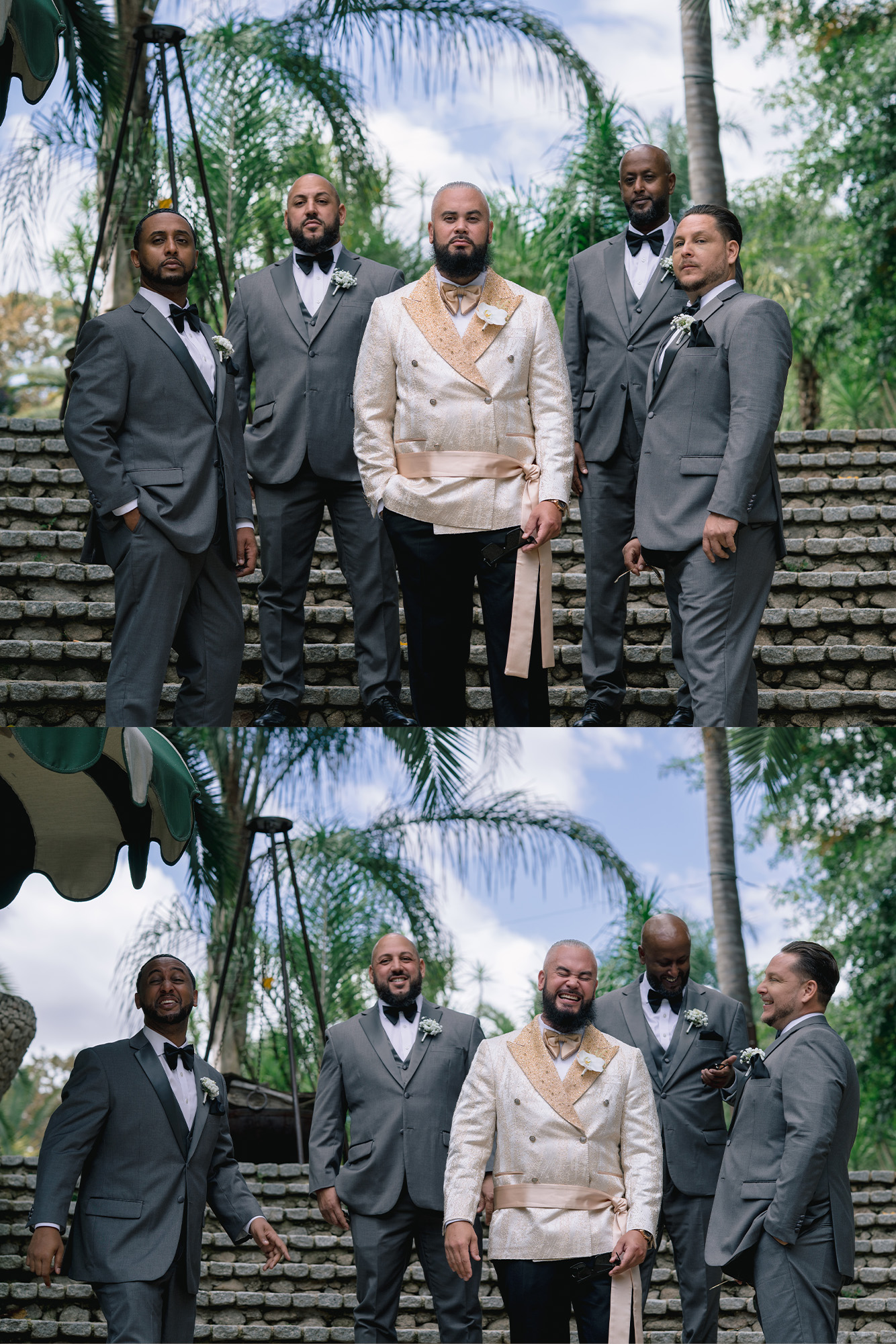 Two views of the groom with his groomsmen in grey suits on the stone steps