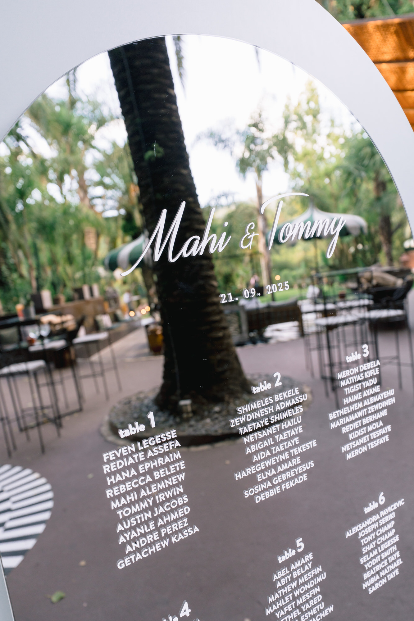 Seating plan on a mirrored sign with the couple’s names in script, set among the trees