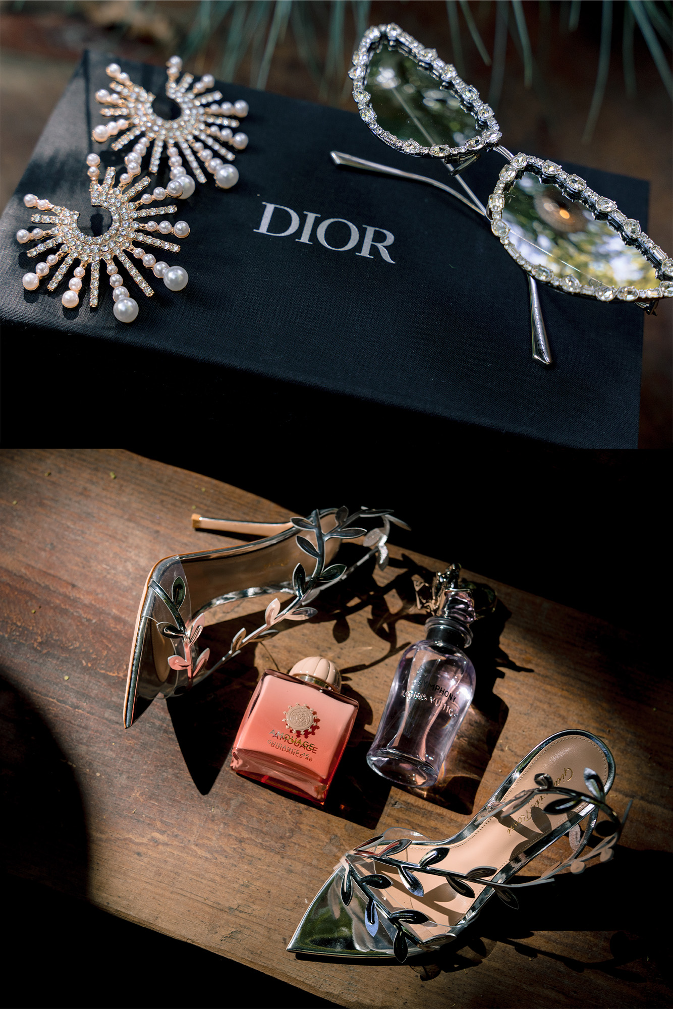 Flat lay of a Dior box, sunglasses, crystal earrings, perfume and jewelled heels