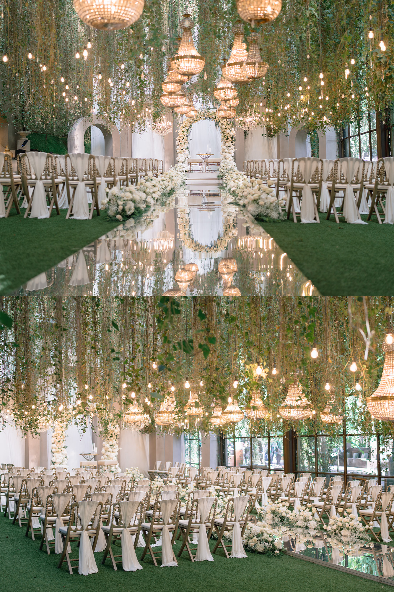 Two views of the ceremony seating in the woods, white chairs and chandeliers reflected on the ground