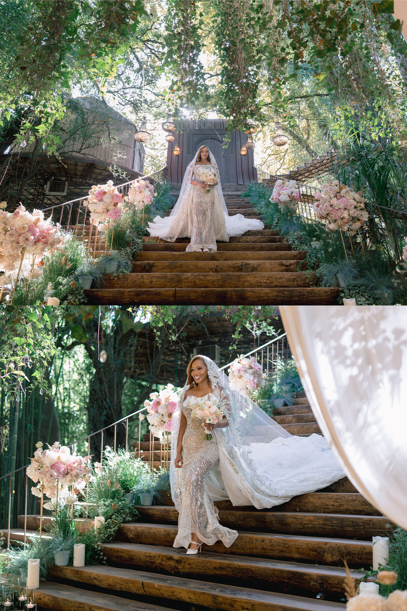 Two views of the bride on the flower-lined staircase, her veil drifting in the breeze