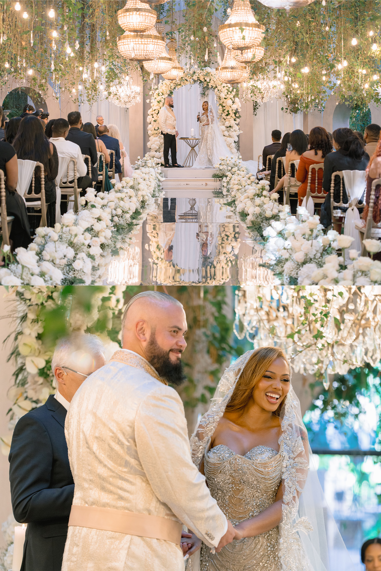 The groom smiling beside the bride as guests watch the civil ceremony in the woods