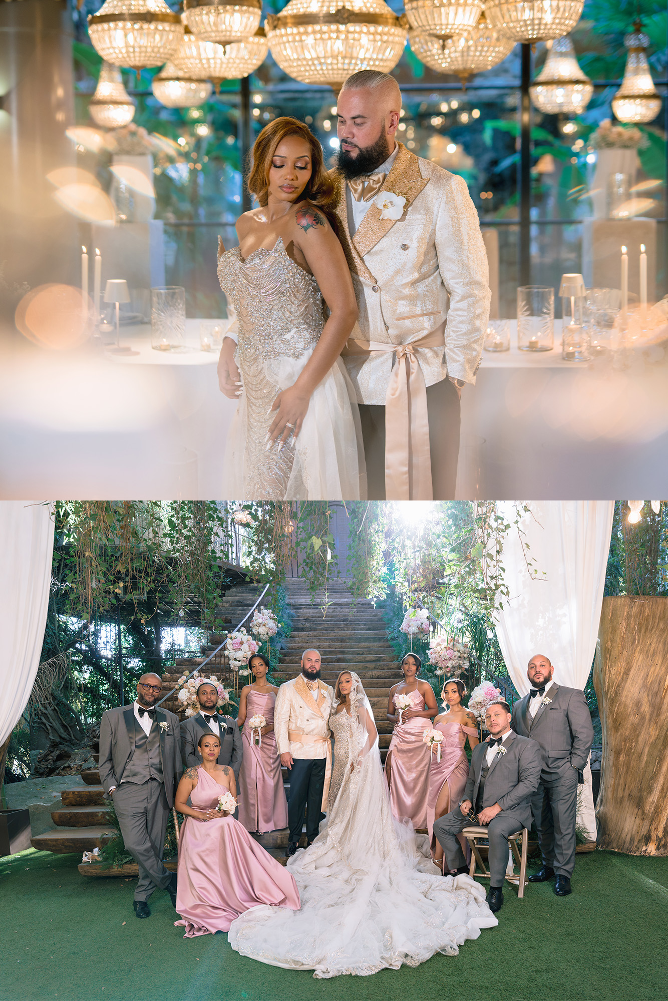 Two views: the couple embracing at the table, and a family portrait with the bride on the lawn